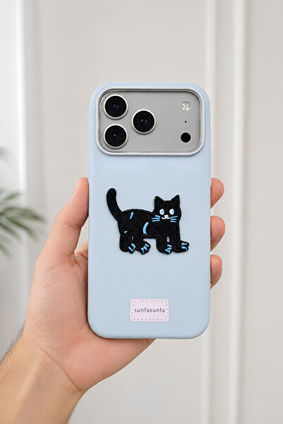 QUSCHU iPhone 17 Pro Uyumlu Nakışlı Kara Kedi Figürlü Deri Görünümlü Silikon ...