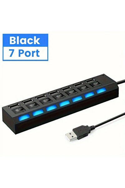 Choice1 black 7 Ports USB 2.0 Hub LED 5Gbps High Speed Multiports USB Power A...