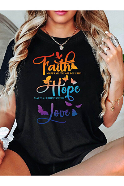 01THEONE تي شيرت مطبوع عليه حروف Faith Hope Love Butterfly |   تي شيرت نسائي ...