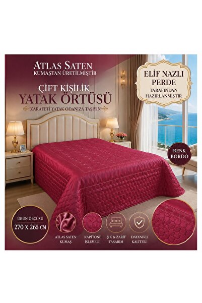 ELİF NAZLI PERDE Atlas Saten Çift Kişilik Yatak Örtüsü – Bordo