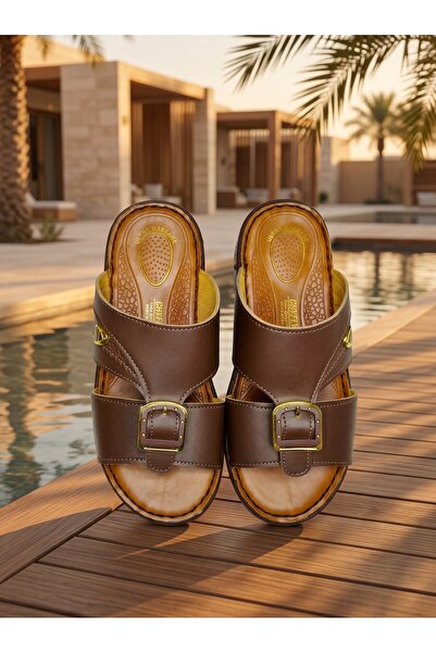 Chyfly Men Arabic Naal Sandals PU Leather Gold Buckle Ultra Massage Footbed A...