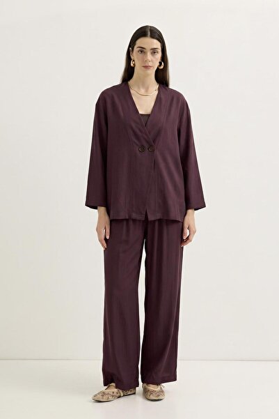 KADRİYE BAŞTÜRK Double-Breasted Closure Modal Tunic Trouser Set Burgundy