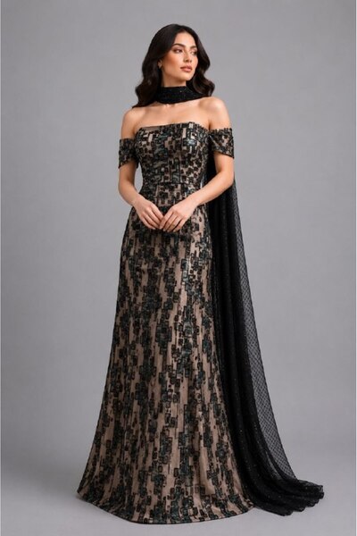 ranin Black Evening Dress with Beaded Embroidery and Shawl