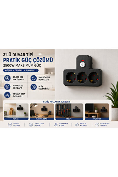 MATECHNO 3'lü Termal Akım Korumalı Topraklı Bakır İletken Çoklu Priz 2500W Aç...
