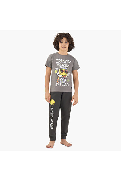 SMILEY WORLD SmileyWorld Cotton Crew Neck Short Sleeves Pyjama Set with Fun P...