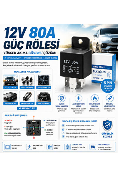 DuoLight 12V 80A Güç Rölesi 5 Pin Oto Röle Ek Far LED Bar Sis Farı Korna Fan ...