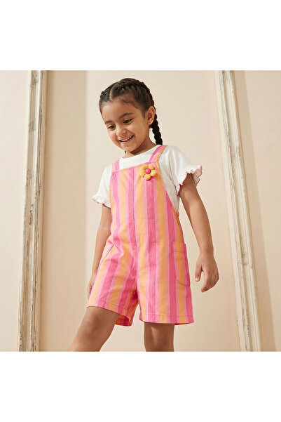 Juniors Crew Neck Short Sleeves T-shirt and Dungaree Set with Stripes