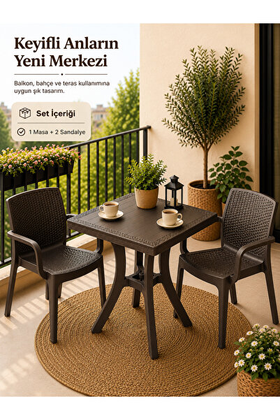YOGNETIC Rattan Bahçe & Balkon Masa Sandalye Seti | 70x70 CM Kare Masa + 2 Ad...