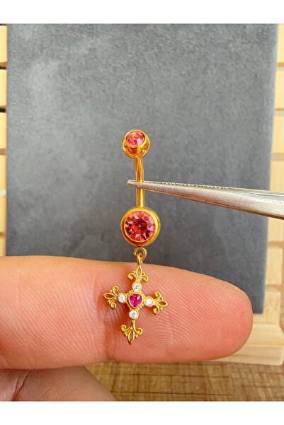 Rupen Kraft %100 316 L Çelik Haç Sallantı Pembe Zirkon 10x1,6mm Altın Göbek P...