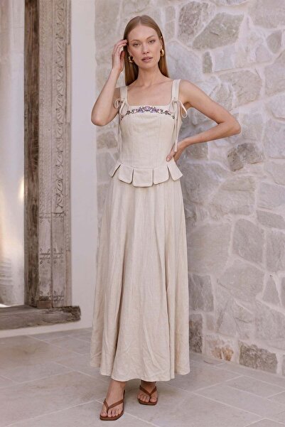 Fulla Moda Embroidered Strappy Linen Look Dress