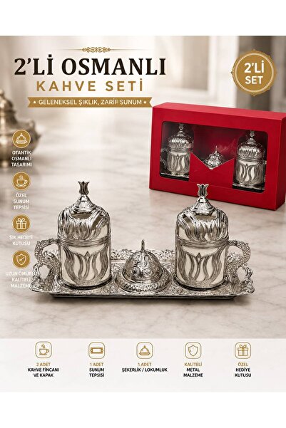 KOZMİK GİFT 2’li Osmanlı Türk Kahvesi Fincanı Seti Gümüş-Altın-Bronz Renk Met...