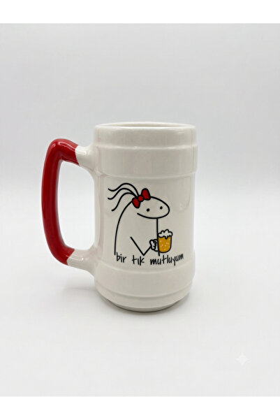 PALTO TASARIM One Click, I'M Happy Handmade Cream Glossy Beer Glass (Red Handle)