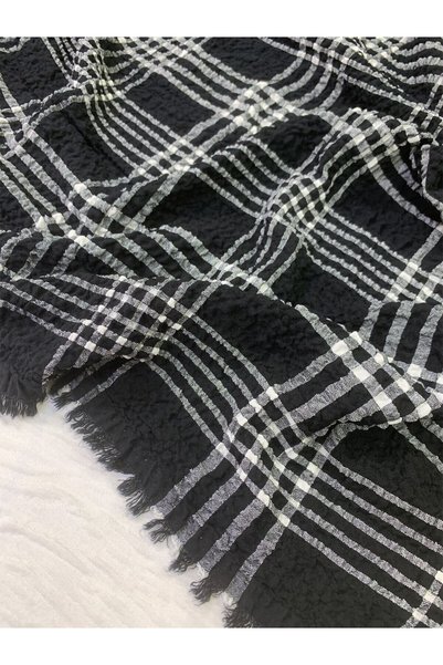 Yiğit Kumaş Plaid Woven Wrinkled Fabric - Black Ecru Plaid