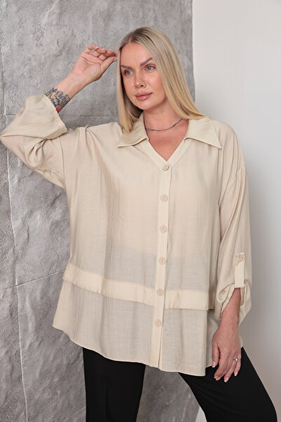 KİFAYET Plus Size Casual Shirt V-Neck Long Sleeve Solid Color Women's Shirt