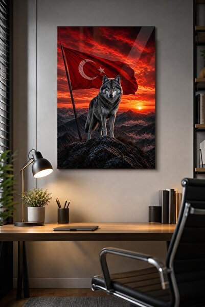 Mythog Türk Bayrağı ve Bozkurt Baskılı Cam Tablo – UV Baskı Dekoratif Duvar T...