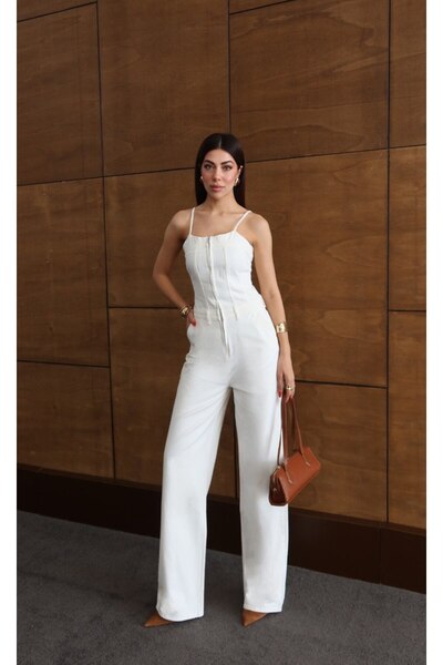 Avelis Prive Kadın Beyaz Askılı Denim Tulum