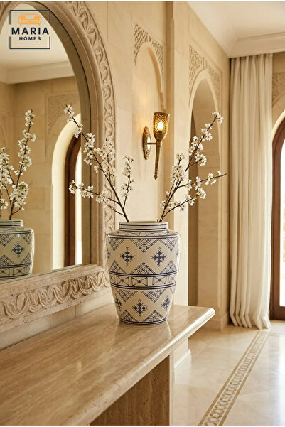 MARIA HOMES Blue and White Patterned Decorative Vase, Modern Ceramic Flower H...