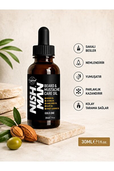 NISHMAN Sakal ve Bıyık Bakım Yağı Gold One 30 ML - Argan, Jojoba ve Badem Yağlı