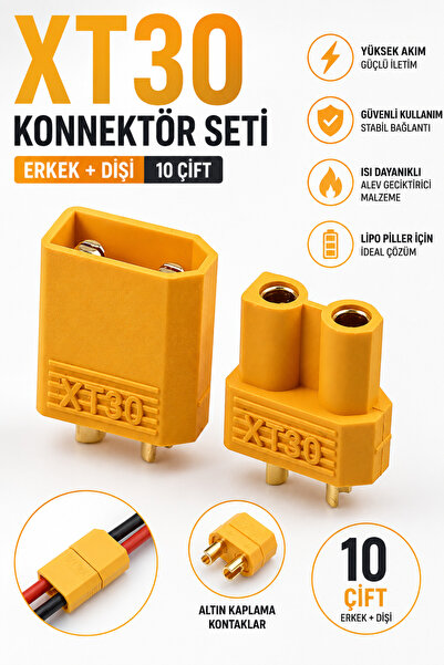 RoboPazar 10 Çift XT30 Konnektör Seti (Erkek + Dişi) Batarya LiPo Pil Soket S...