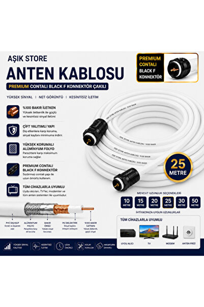 AŞIK STORE 25 Metre Premium Anten Kablosu %100 Bakır İç İletken Contalı Black...