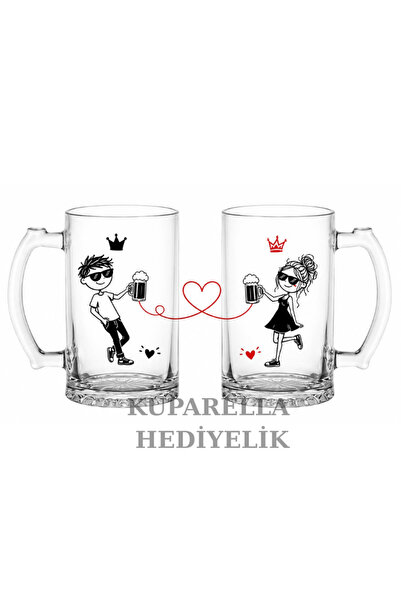 Çift Bira Bardağı- Kişiye Özel Tasarım Cam Bira Bardağı- 2 Adet 500 ml - Sevgili Bardak
