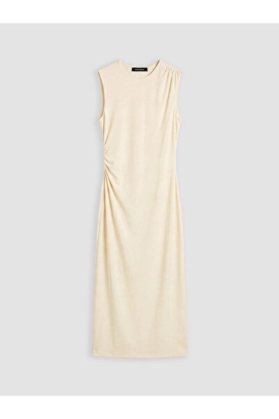 LC Waikiki Beige Crew Neck Gathered Modal Blend Dress