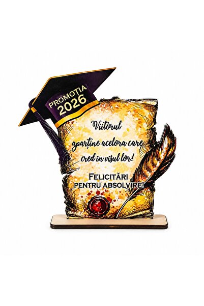 velve Decoratiune din lemn Trofeu Promotia 2026, cu mesaj motivational, 20 cm
