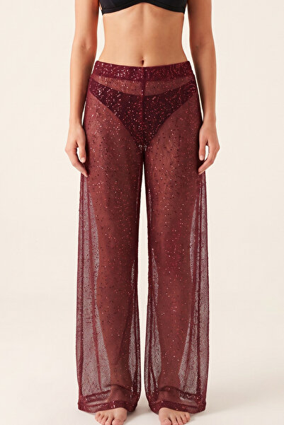 Atelier Tuberose Tulle Pareo Glittery Burgundy Transparent Trousers