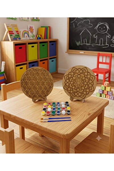 MİNİBLOX Ahşap Boyama Seti 2 Adet Mandala Boyama Seti Boyalar ve Fırça Dahil ...