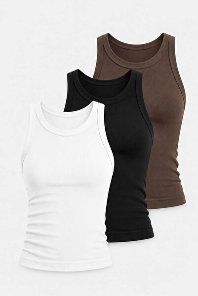 glanour Women's 3-Piece Halter Neck Ribbed Basic Slim Athlete Blouse
