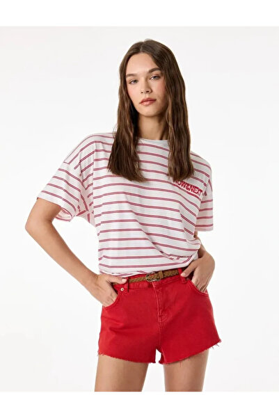 Koton Comfortable Fit Short Sleeve Crew Neck Printed Striped T-Shirt