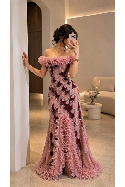 Kurtah Luxury Pink Sequin Embroidered Ruffle Maxi Evening Dress Elegant Gown