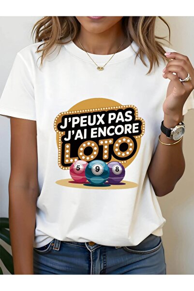 45 BPM تي شيرت نسائي بطبعة "J'PEUX PAS J' Encore LOTO" - قميص بأكمام قصيرة مط...