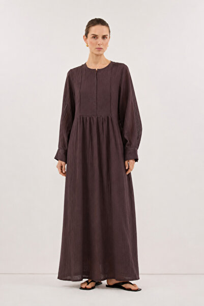 Mevra Maia |   Gathered at the Chest, Relaxed Fit Maxi Muslin Dress, Dark Brown.