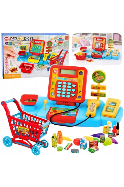LeanToys Casă de marcat interactivă Supermarket Cărucior Scanner Cântar Produ...