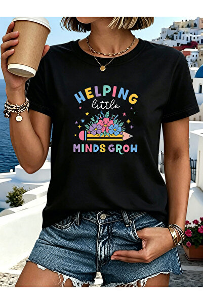 LİNA06 تي شيرت مطبوع عليه عبارة "Helping Little Minds Grow Floral Pencil Insp...