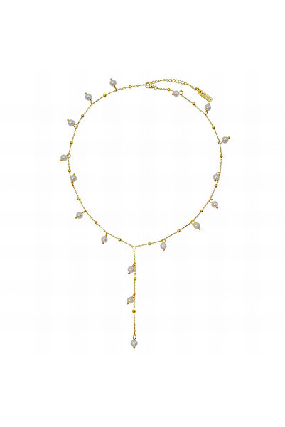 OEM Pearl Y Drop gold necklace, stainless steel, with rhinestones, 18K gold p...