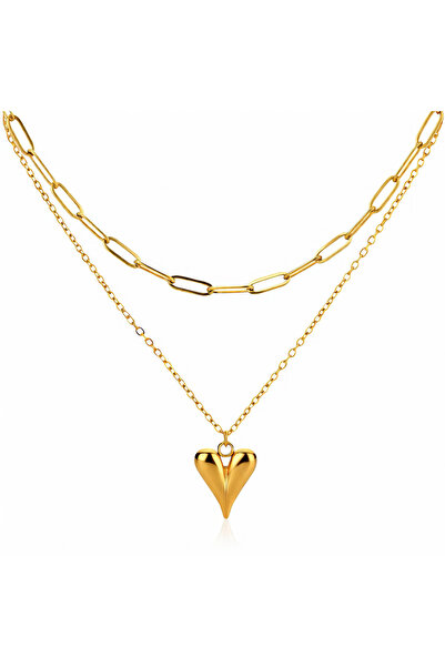 OEM Colier Sculpted Heart Double Layer auriu, din oțel inoxidabil, placat cu ...