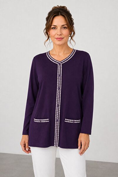 bihan store Women's V-Neck Front Stripe Embroidered Relaxed Fit Blouse Y26-59...