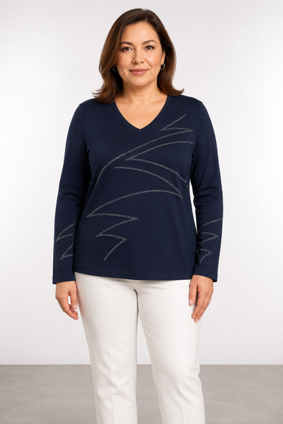 bihan store Women's Stone Embellished V-Neck Long Sleeve Blouse Y26-662-Navy ...