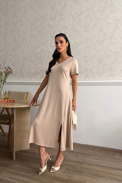 moda poni Women's Beige V-Neck Midi Dress with Slit Detail