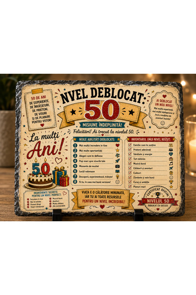 hiperborea Ardezie Personalizată – „Nivel Deblocat 50” – Cadou Aniversar 50 d...