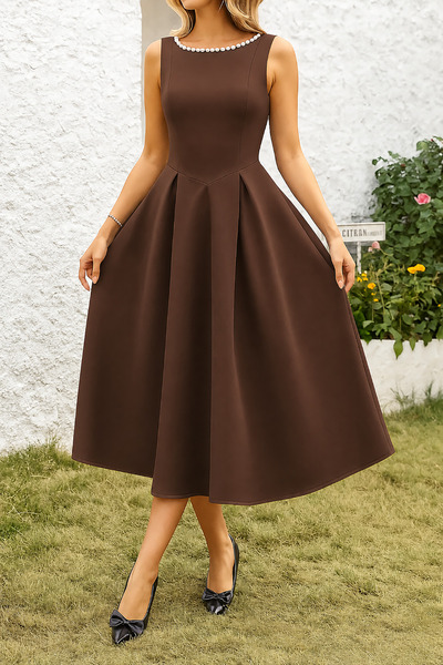 Deafox Dark Brown Pearl Detailed A-Line Sleeveless Open Back Scuba Fabric Mid...