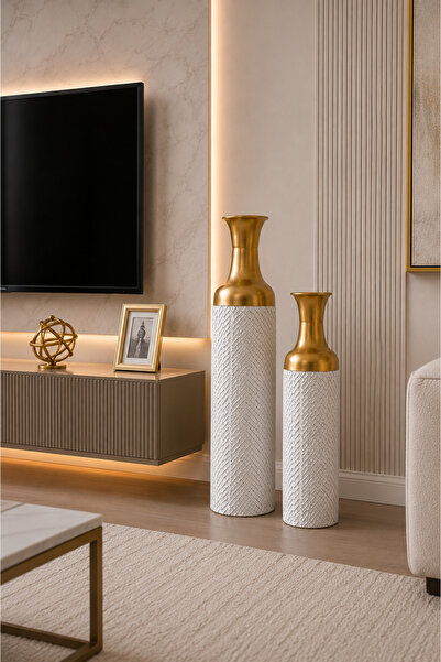 MİS KİTCHEN Verona Set of 2 Metal Decorative Vases White Gold 66 cm & 50 cm M...