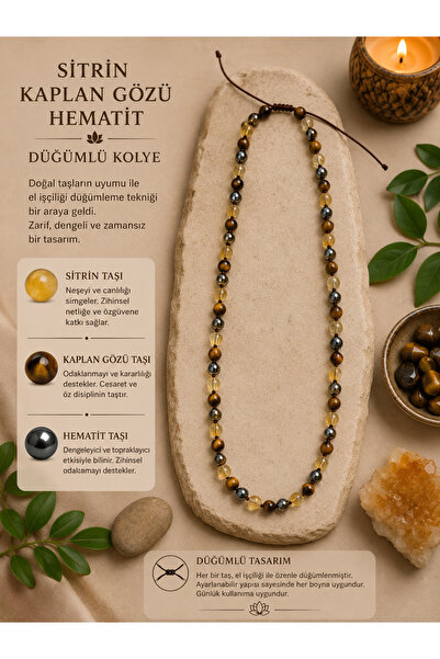 OSMANLI DEĞERLİ TAŞ Certified Citrine-Tiger Eye-Hematite Knotted Ladder Closu...