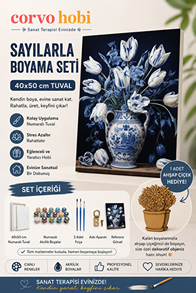 corvo hobi Sayılarla Boyama Çerçeveli Hobi Seti Numaralı Tuval MAVİ VAZO Fırç...