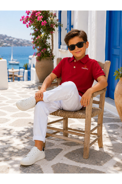 Çocukos Boy's Polo Collar T-Shirt Linen Look Pants 100% Cotton Top and Bottom...