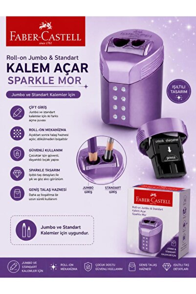 Faber Castell Roll-On Jumbo ve Standart Kalem Açar Kalemtıraş Sparkle Mor