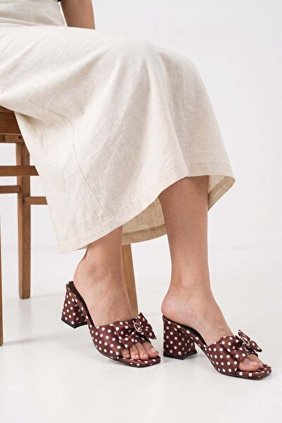 SEFERİ Women's Brown Polka Dot Ribbon Thick Heeled Daily Slippers