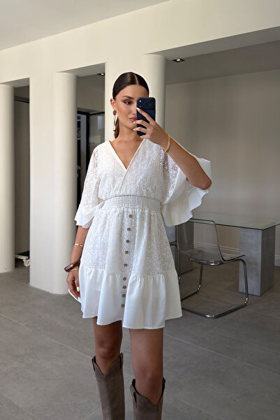 MAGARDE Double-Breasted Buttoned Lace Dress - White